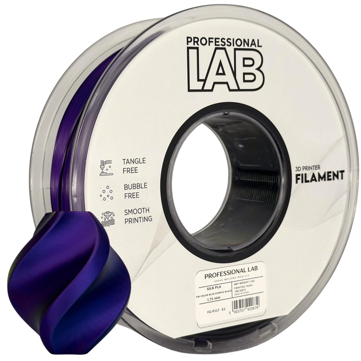 Cívka filamentu Silk PLA Tri Color modrá fialová černá, Prof. Lab, 1,75 mm