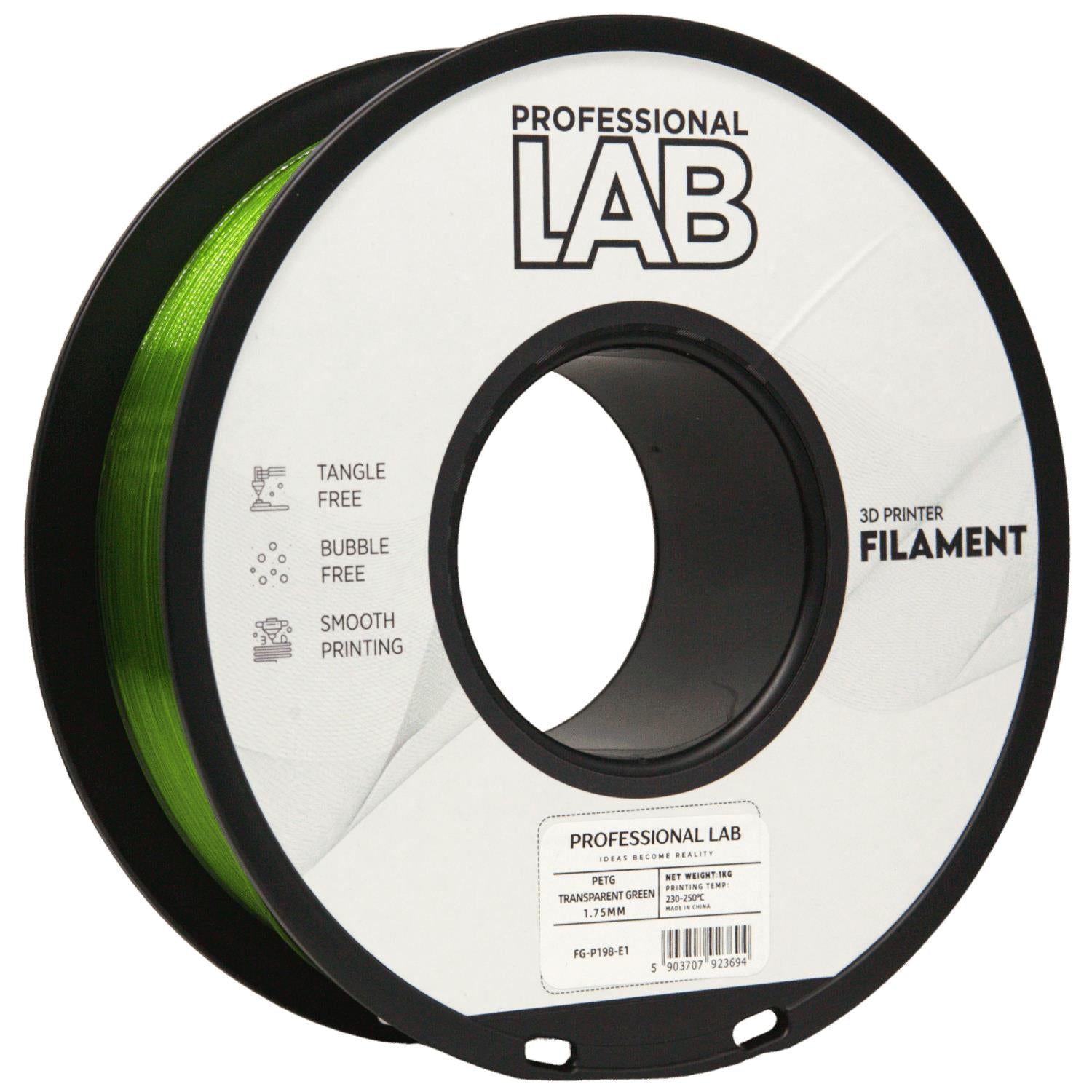 Cívka filamentu PETG průhledná zelená, Prof. Lab, 1,75 mm